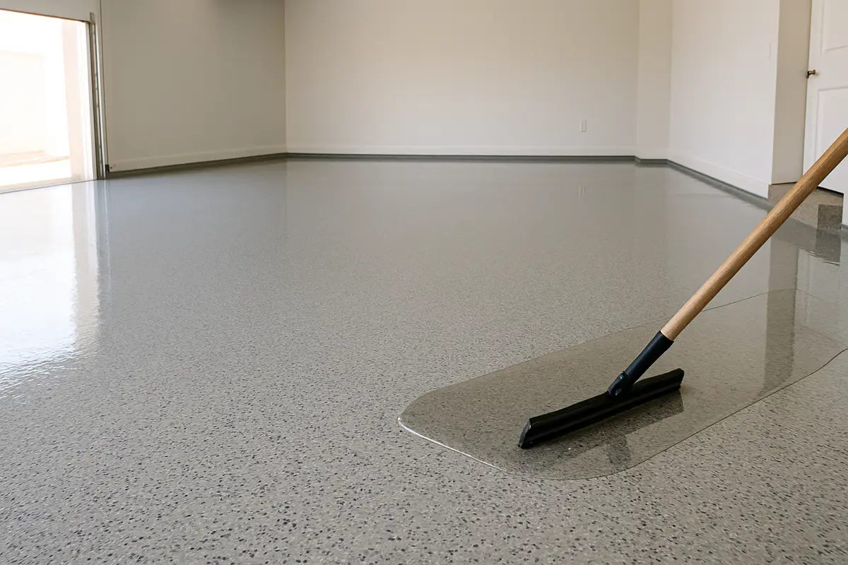 Applying epoxy floor coating to a gray speckled concrete floor with a squeegee in a garage.