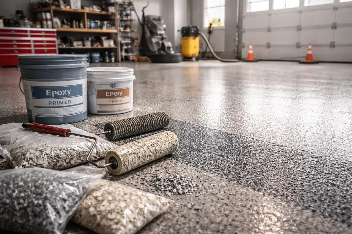 Garage floor epoxy application. Buckets of epoxy and flakes with rollers and tools on a newly coated floor.