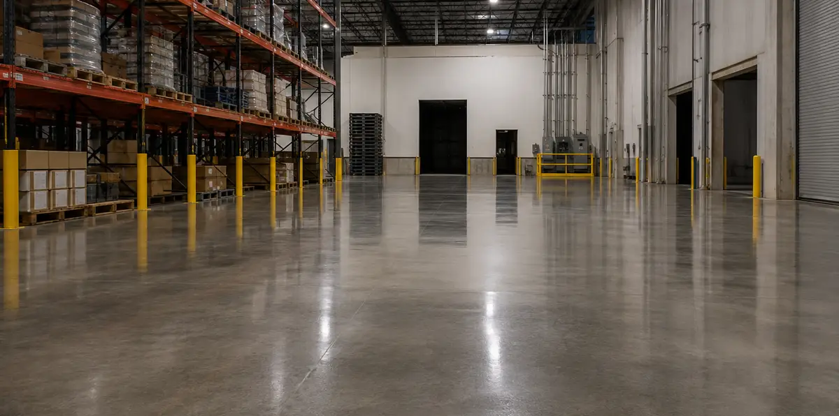 Empty warehouse interior with polished concrete floor, yellow bollards, and tall storage racks on the left