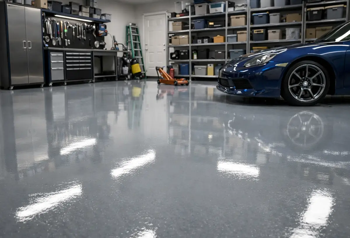 A tidy garage with a polished gray epoxy floor reflecting a blue sports car, storage shelves, and tool cabinets.