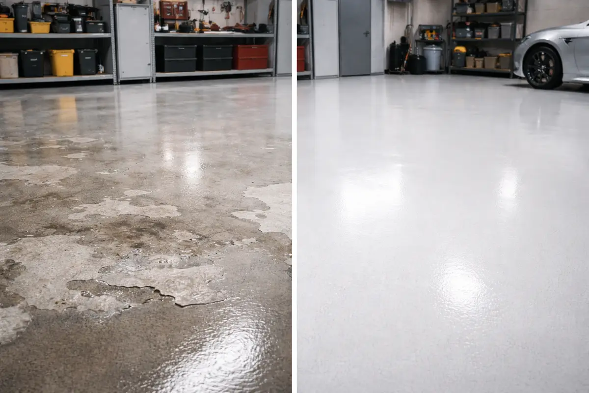 Garage floor transformation: before (damaged) and after (white, glossy).