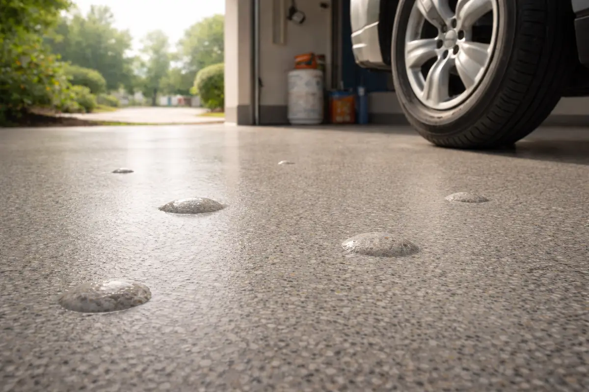 Close-up of a garage floor with raised epoxy bubbles and a partial view of a car tire in the background.