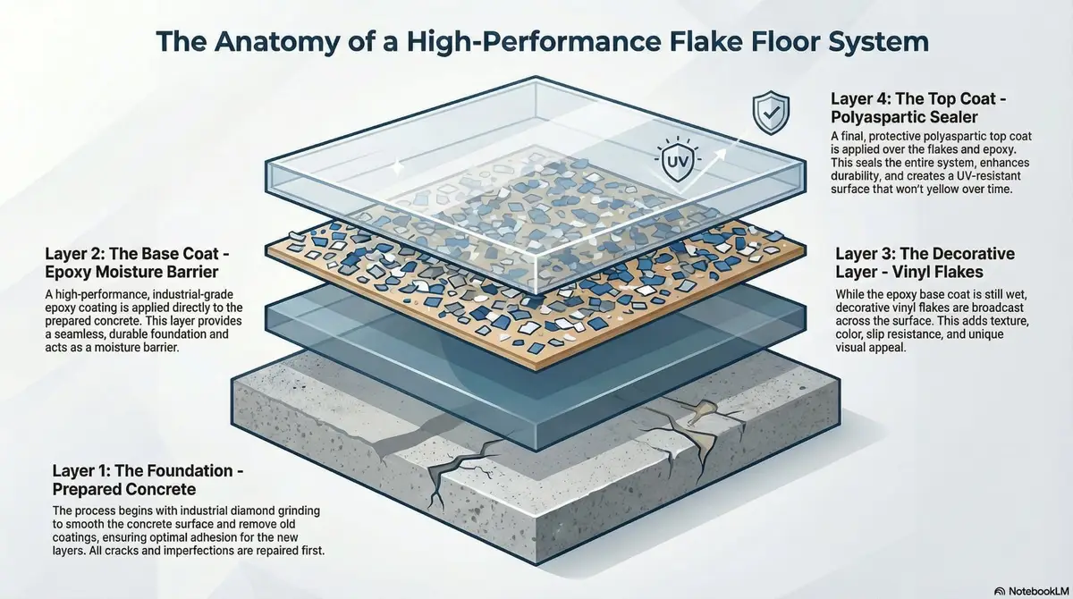 Diagram of a layered flake floor system: concrete base, epoxy moisture barrier, decorative vinyl flakes, and a topcoat.