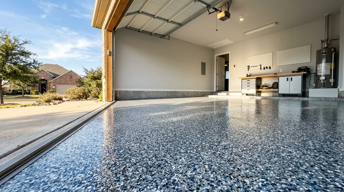 flake epoxy floor in open garage