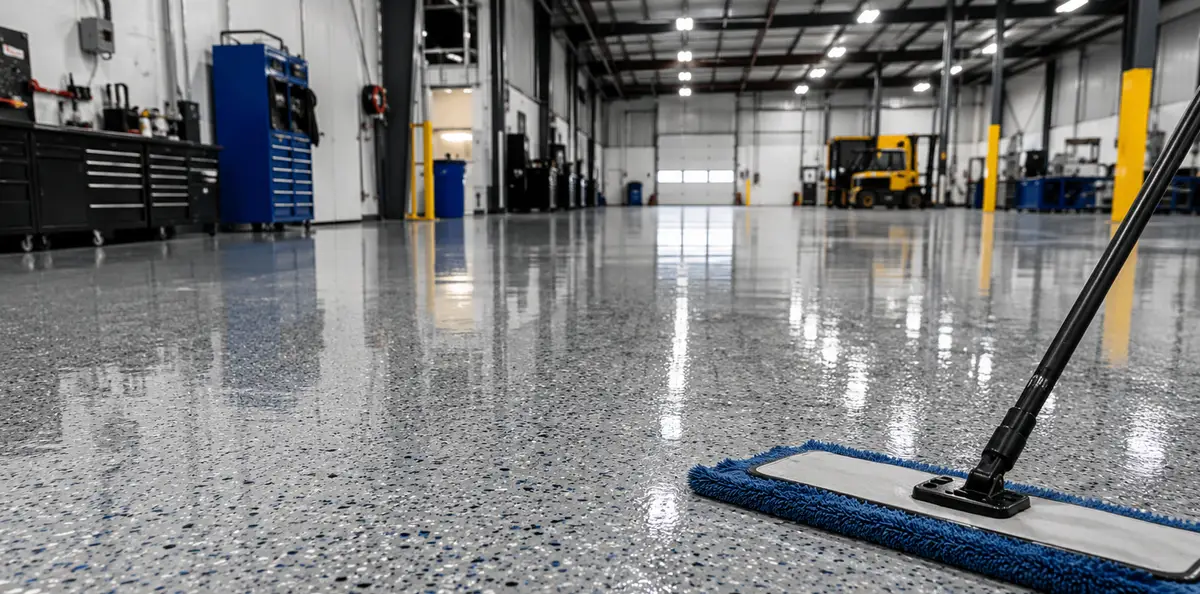 Industrial floor being cleaned with a blue mop in a warehouse garage.