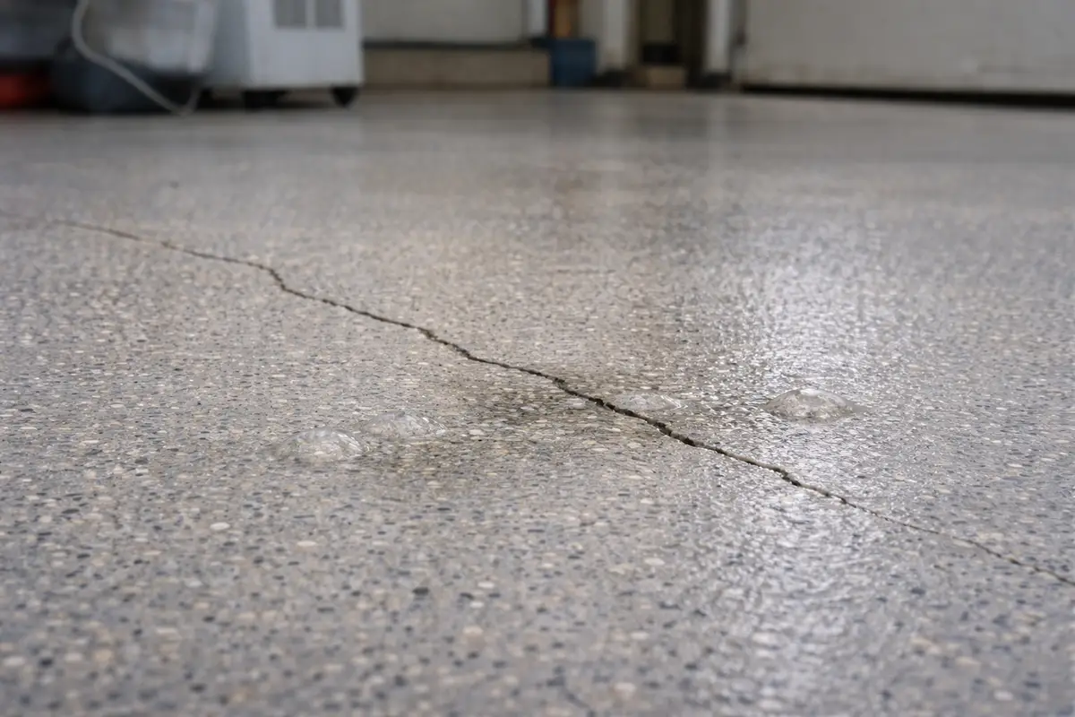 Cracked epoxy coated concrete floor in a close-up indoor view