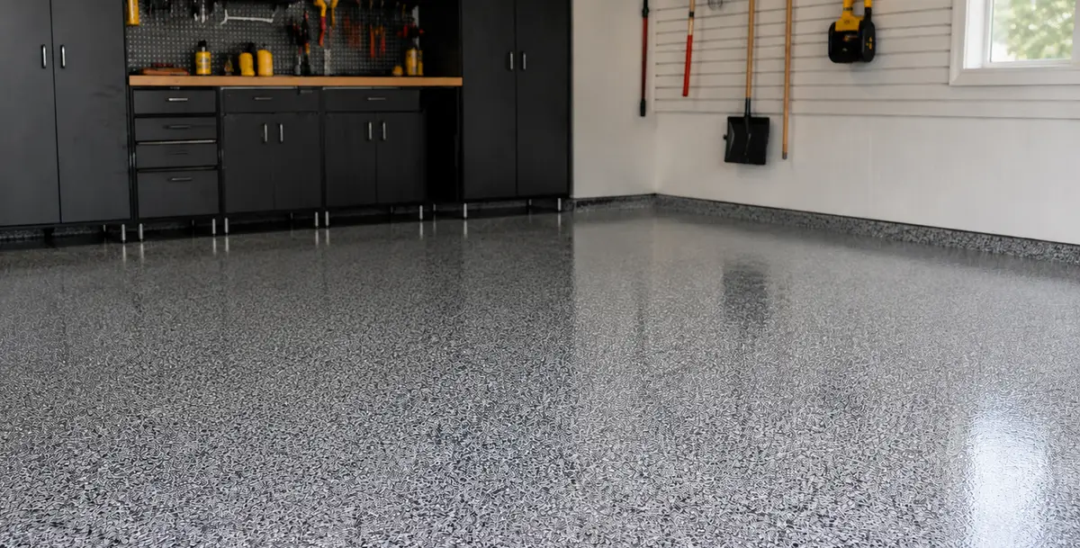 Empty garage with a speckled epoxy floor, cabinets, and wall tools.