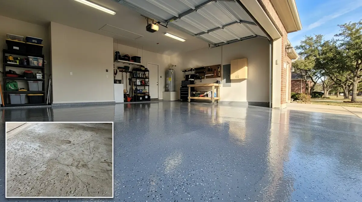 garage low angle photo with flake epoxy flooring and a small image box on the bottom left with a before cracked concrete image